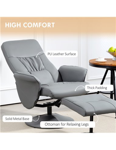 Swivel Recliner Chair with Footstool, HOMCOM PU Leather Armchair and Ottoman with High Back and Round Base for Living Room, Ligh