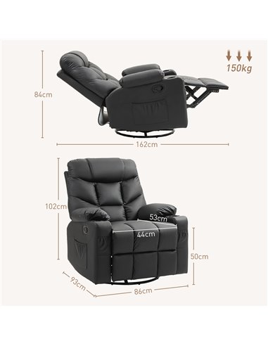 HOMCOM Manual Reclining Chair, Recliner Armchair with Swivel, Faux Leather, Footrest, Cup Holders, 86x93x102cm, Black 839-638V70