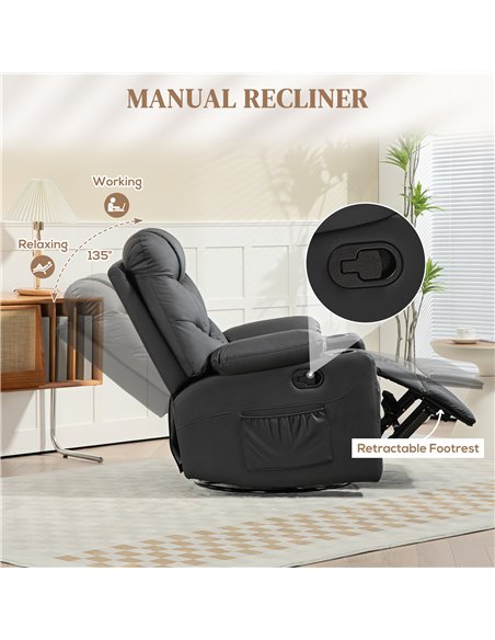 HOMCOM Manual Reclining Chair, Recliner Armchair with Swivel, Faux Leather, Footrest, Cup Holders, 86x93x102cm, Black 839-638V70 - pic 91238 | FastDaddyshop