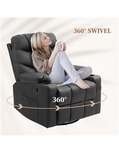 HOMCOM Manual Reclining Chair, Recliner Armchair with Swivel, Faux Leather, Footrest, Cup Holders, 86x93x102cm, Black 839-638V70