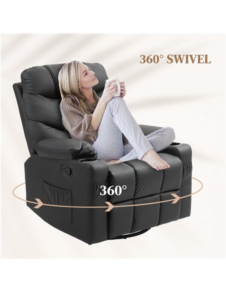 HOMCOM Manual Reclining Chair, Recliner Armchair with Swivel, Faux Leather, Footrest, Cup Holders, 86x93x102cm, Black 839-638V70 - pic 91239 | FastDaddyshop