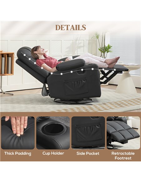 HOMCOM Manual Reclining Chair, Recliner Armchair with Swivel, Faux Leather, Footrest, Cup Holders, 86x93x102cm, Black 839-638V70 - pic 91241 | FastDaddyshop