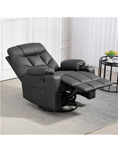 HOMCOM Manual Reclining Chair, Recliner Armchair with Swivel, Faux Leather, Footrest, Cup Holders, 86x93x102cm, Black 839-638V70
