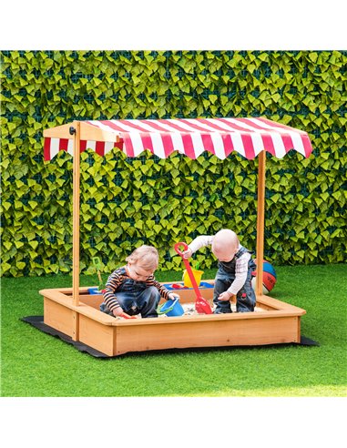 Outsunny Kids Wooden Sandbox, Children Sand Play Station Outdoor with Adjustable Height Cover, Bottom Liner, Seat, Plastic Basin