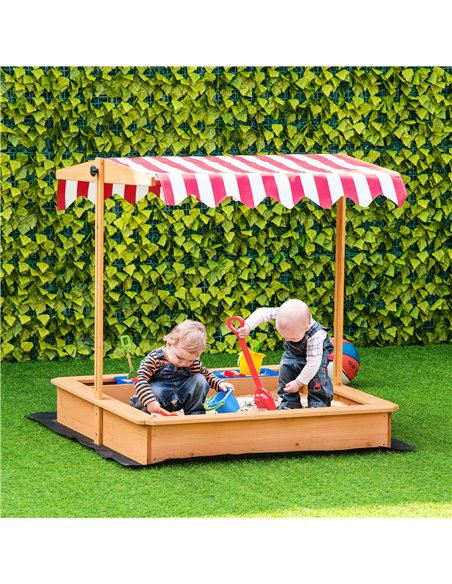 Outsunny Kids Wooden Sandbox, Children Sand Play Station Outdoor with Adjustable Height Cover, Bottom Liner, Seat, Plastic Basin - pic 9129 | FastDaddyshop