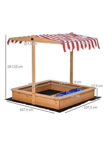 Outsunny Kids Wooden Sandbox, Children Sand Play Station Outdoor with Adjustable Height Cover, Bottom Liner, Seat, Plastic Basin