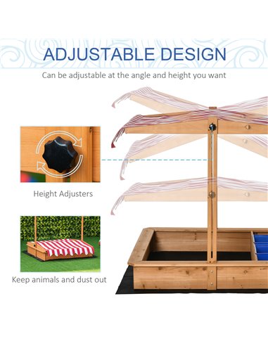 Outsunny Kids Wooden Sandbox, Children Sand Play Station Outdoor with Adjustable Height Cover, Bottom Liner, Seat, Plastic Basin
