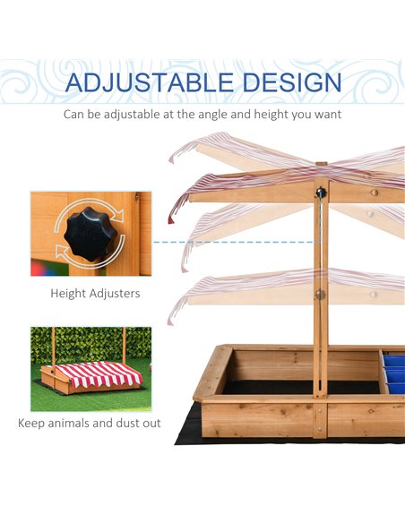 Outsunny Kids Wooden Sandbox, Children Sand Play Station Outdoor with Adjustable Height Cover, Bottom Liner, Seat, Plastic Basin - pic 9131 | FastDaddyshop
