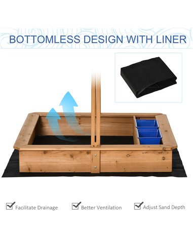 Outsunny Kids Wooden Sandbox, Children Sand Play Station Outdoor with Adjustable Height Cover, Bottom Liner, Seat, Plastic Basin