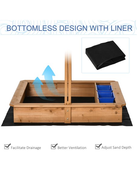 Outsunny Kids Wooden Sandbox, Children Sand Play Station Outdoor with Adjustable Height Cover, Bottom Liner, Seat, Plastic Basin - pic 9132 | FastDaddyshop