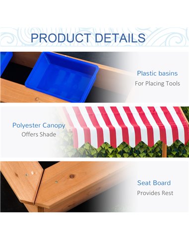 Outsunny Kids Wooden Sandbox, Children Sand Play Station Outdoor with Adjustable Height Cover, Bottom Liner, Seat, Plastic Basin