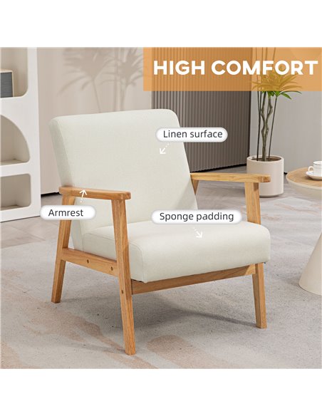 HOMCOM Fabric Accent Chair for Living Room, Arm Chair with Rubber Wood Frame and Padded Cushion, Cream White 835-288V71CW - pic 91355 | FastDaddyshop