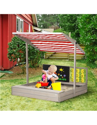 Outsunny Kids Wooden Sandpit, Sandbox with Canopy & Seats, for Gardens - Grey