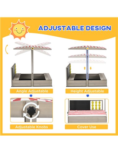 Outsunny Kids Wooden Sandpit, Sandbox with Canopy & Seats, for Gardens - Grey