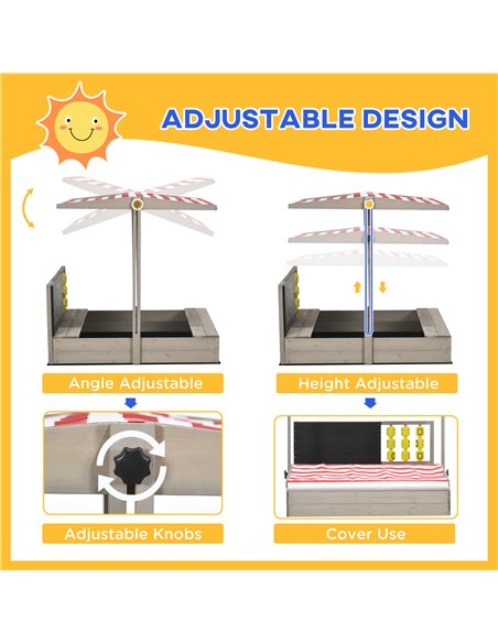 Outsunny Kids Wooden Sandpit, Sandbox with Canopy & Seats, for Gardens - Grey - pic 9140 | FastDaddyshop