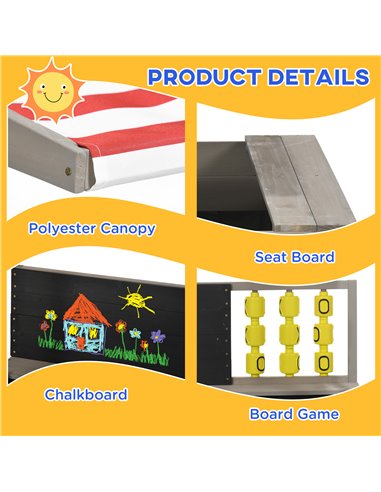 Outsunny Kids Wooden Sandpit, Sandbox with Canopy & Seats, for Gardens - Grey