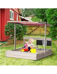 Outsunny Kids Wooden Sandbox with Canopy, Kitchen Toys, Seat, Storage 2
