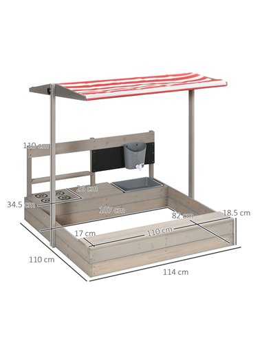 Outsunny Kids Wooden Sandbox w/ Canopy, Kitchen Toys, Seat, Storage, for 3-7 Years Old Outdoor Play