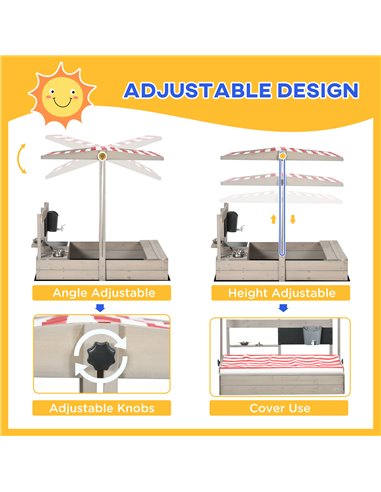 Outsunny Kids Wooden Sandbox w/ Canopy, Kitchen Toys, Seat, Storage, for 3-7 Years Old Outdoor Play