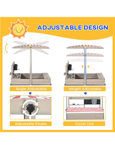 Outsunny Kids Wooden Sandbox w/ Canopy, Kitchen Toys, Seat, Storage, for 3-7 Years Old Outdoor Play - pic 9147 | FastDaddyshop