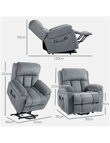 HOMCOM Power Lift Riser and Recliner Chair with Vibration Massage, Heat, Side Pocket, Grey 713-167V70GY
