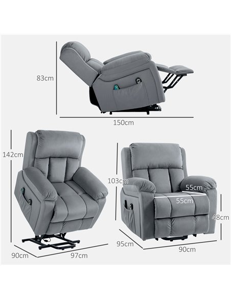 HOMCOM Power Lift Riser and Recliner Chair with Vibration Massage, Heat, Side Pocket, Grey 713-167V70GY - pic 91471 | FastDaddyshop
