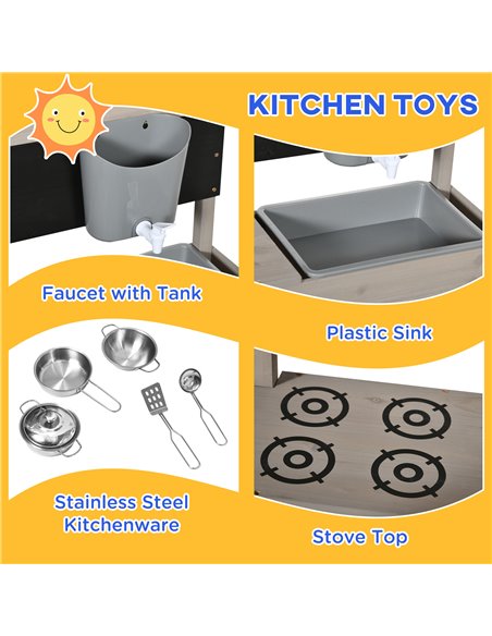 Outsunny Kids Wooden Sandbox w/ Canopy, Kitchen Toys, Seat, Storage, for 3-7 Years Old Outdoor Play - pic 9148 | FastDaddyshop