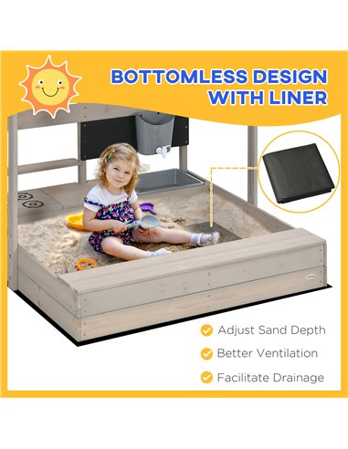Outsunny Kids Wooden Sandbox w/ Canopy, Kitchen Toys, Seat, Storage, for 3-7 Years Old Outdoor Play