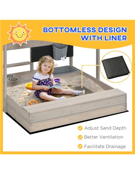 Outsunny Kids Wooden Sandbox w/ Canopy, Kitchen Toys, Seat, Storage, for 3-7 Years Old Outdoor Play - pic 9149 | FastDaddyshop