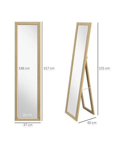 HOMCOM Full Length Wall Mirror w/ Anti-Slip Pads & Wood-Effect Frame for Bedroom, Hallway or Lounge, 155 x 40 cm, Natural 831-69