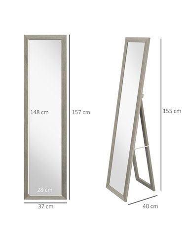 HOMCOM Free Standing Mirror w/ Anti-Slip Pads & Wood-Effect Frame for Bedroom, Hallway or Lounge, 155 x 40 cm, Grey 831-695V00GY