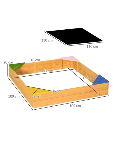 Outsunny Kids Wooden Sand Pit, Children Sandbox, with Four Seats, Non-Woven Fabric, for Gardens, Playgrounds