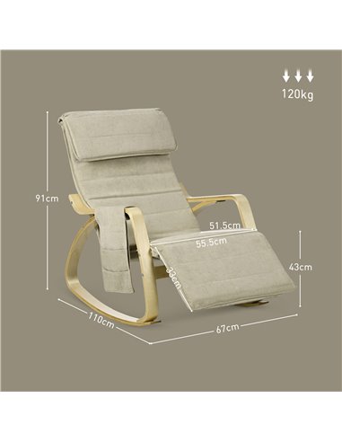 HOMCOM Rocking Lounge Chair Recliner Relaxation Lounging Relaxing Seat with Adjustable Footrest, Side Pocket and Pillow, Cream W