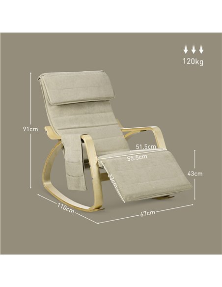 HOMCOM Rocking Lounge Chair Recliner Relaxation Lounging Relaxing Seat with Adjustable Footrest, Side Pocket and Pillow, Cream W - pic 91543 | FastDaddyshop