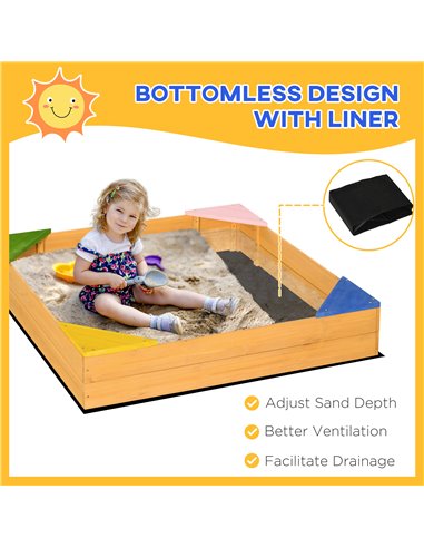 Outsunny Kids Wooden Sand Pit, Children Sandbox, with Four Seats, Non-Woven Fabric, for Gardens, Playgrounds