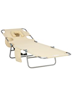 Outsunny Beach Chaise Lounge with Reading Hole, Foldable, Arm Slots, 5-Position Backrest, Side Pocket, Pillow, Beige 84B-867V70B