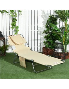 Outsunny Beach Chaise Lounge with Reading Hole, Foldable, Arm Slots, 5-Position Backrest, Side Pocket, Pillow, Beige 84B-867V70B 2