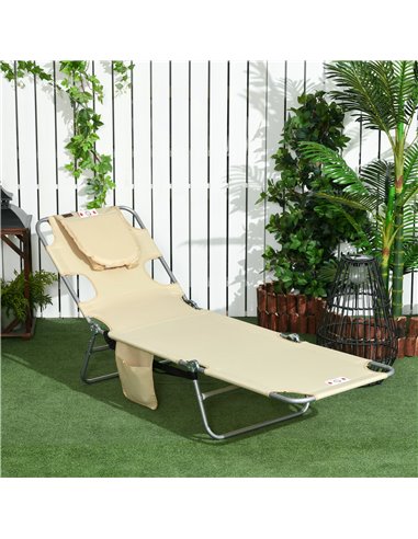 Outsunny Beach Chaise Lounge with Reading Hole, Foldable, Arm Slots, 5-Position Backrest, Side Pocket, Pillow, Beige 84B-867V70B
