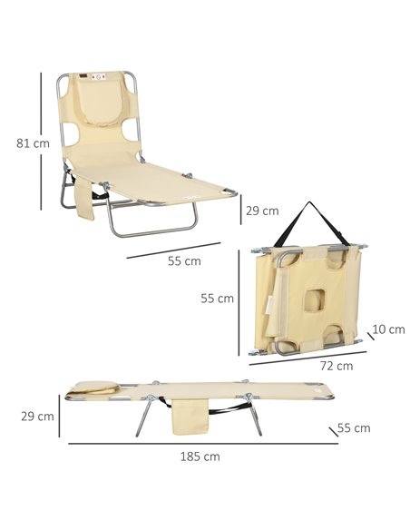 Outsunny Beach Chaise Lounge with Reading Hole, Foldable, Arm Slots, 5-Position Backrest, Side Pocket, Pillow, Beige 84B-867V70B - pic 91552 | FastDaddyshop