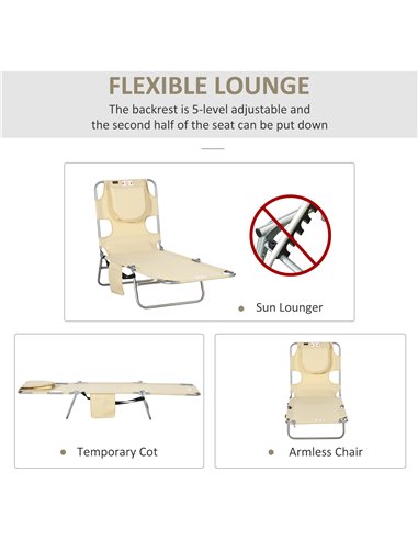 Outsunny Beach Chaise Lounge with Reading Hole, Foldable, Arm Slots, 5-Position Backrest, Side Pocket, Pillow, Beige 84B-867V70B