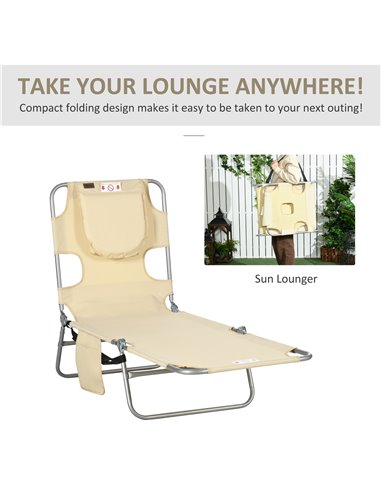 Outsunny Beach Chaise Lounge with Reading Hole, Foldable, Arm Slots, 5-Position Backrest, Side Pocket, Pillow, Beige 84B-867V70B