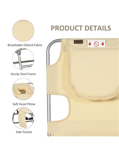 Outsunny Beach Chaise Lounge with Reading Hole, Foldable, Arm Slots, 5-Position Backrest, Side Pocket, Pillow, Beige 84B-867V70B
