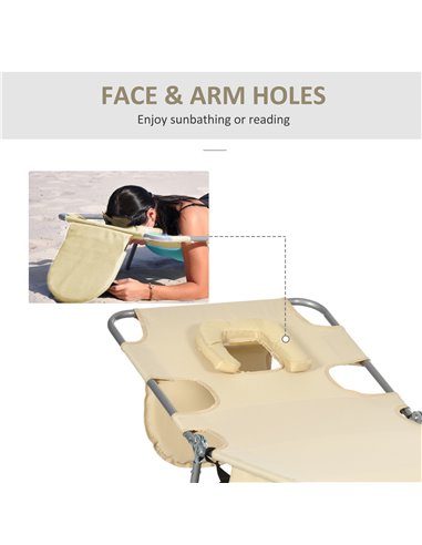 Outsunny Beach Chaise Lounge with Reading Hole, Foldable, Arm Slots, 5-Position Backrest, Side Pocket, Pillow, Beige 84B-867V70B