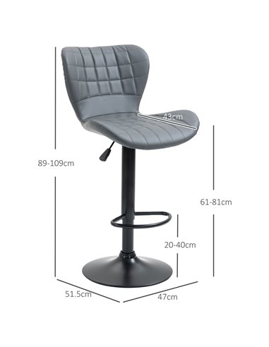 HOMCOM Bar Stools Set of 2 Adjustable Height Swivel Bar Chairs in PU Leather with Backrest & Footrest, Grey 835-544V70