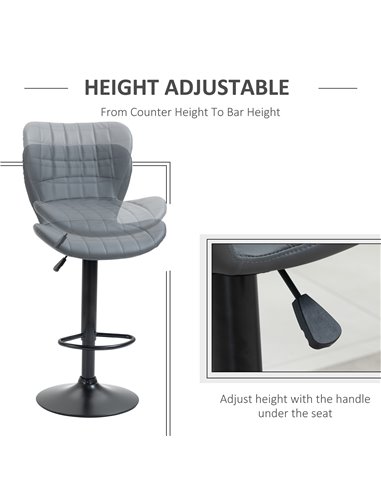 HOMCOM Bar Stools Set of 2 Adjustable Height Swivel Bar Chairs in PU Leather with Backrest & Footrest, Grey 835-544V70