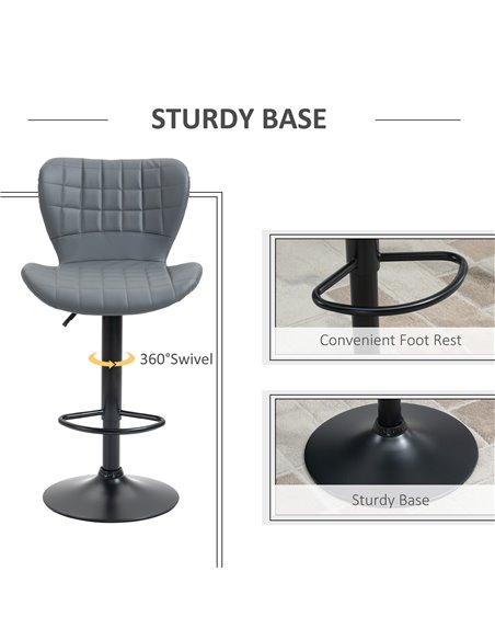 HOMCOM Bar Stools Set of 2 Adjustable Height Swivel Bar Chairs in PU Leather with Backrest & Footrest, Grey 835-544V70 - pic 91626 | FastDaddyshop