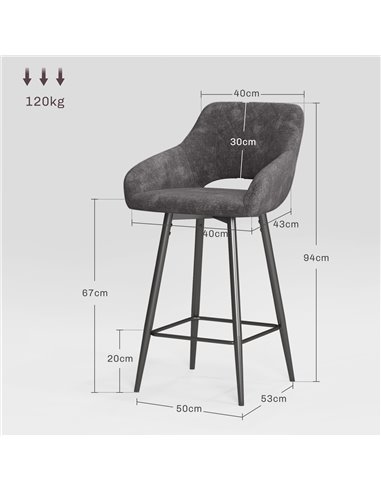 HOMCOM Set of 2 Bar Chair, Velvet-Feel Bar Stools with High Backs and Armrests, Counter Bar Stool, for Living Room Dining Room, 