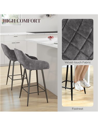 HOMCOM Set of 2 Bar Chair, Velvet-Feel Bar Stools with High Backs and Armrests, Counter Bar Stool, for Living Room Dining Room, 