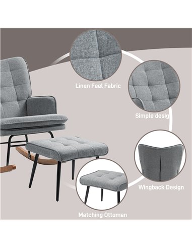 HOMCOM Linen-Look Rocking Chair and Ottoman Set - Grey 839-867V70GY