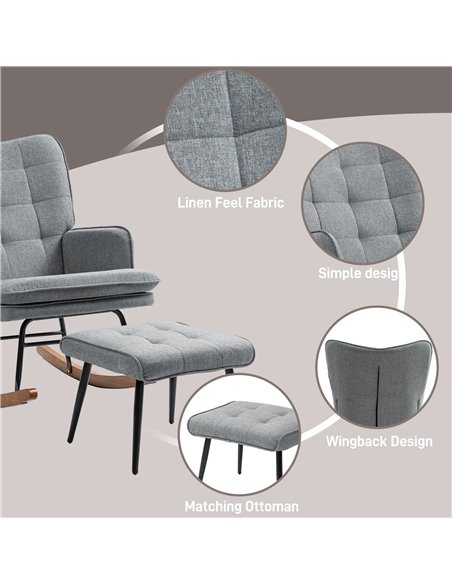 HOMCOM Linen-Look Rocking Chair and Ottoman Set - Grey 839-867V70GY - pic 91725 | FastDaddyshop